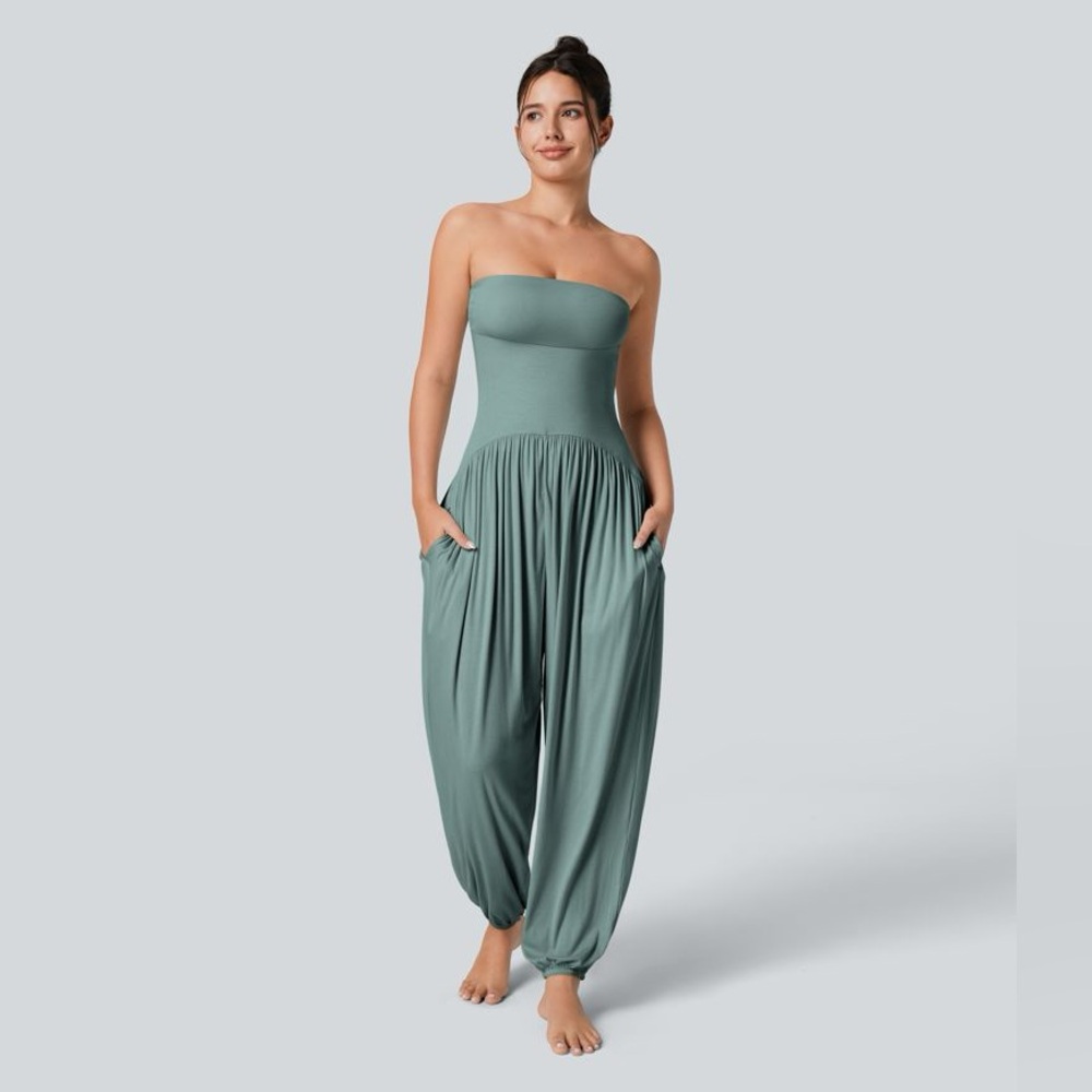 Ribbed Tube Backless Side Pocket Casual Jumpsuit
